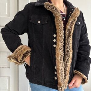 Y2K Disney Grunge Mickey Black Baddie Corduroy Faux Fur EGirl Jacket Small